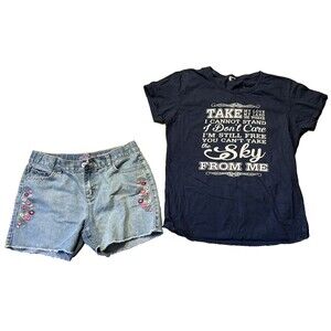 Girls Size 14 Lot Denim Embroidered Shorts + Navy Graphic Tee Casual Outfit